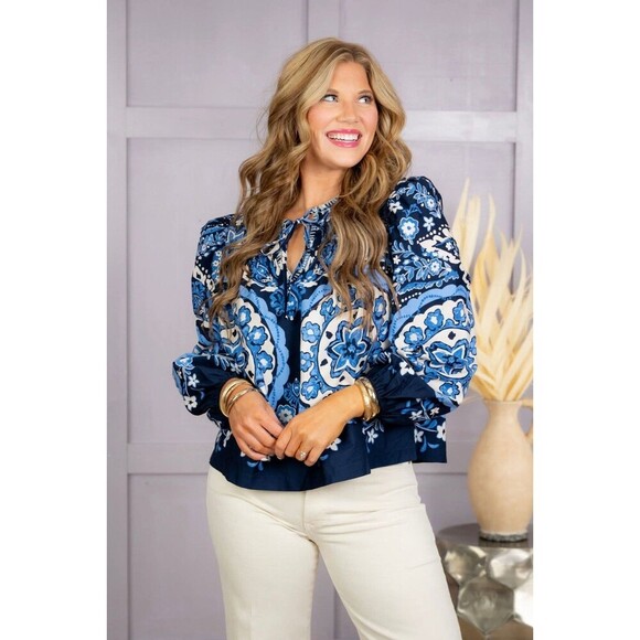 &merci Tops - &Merci Boho Medallion Peasant Blouse Size L Tie Neck Blue Boutique